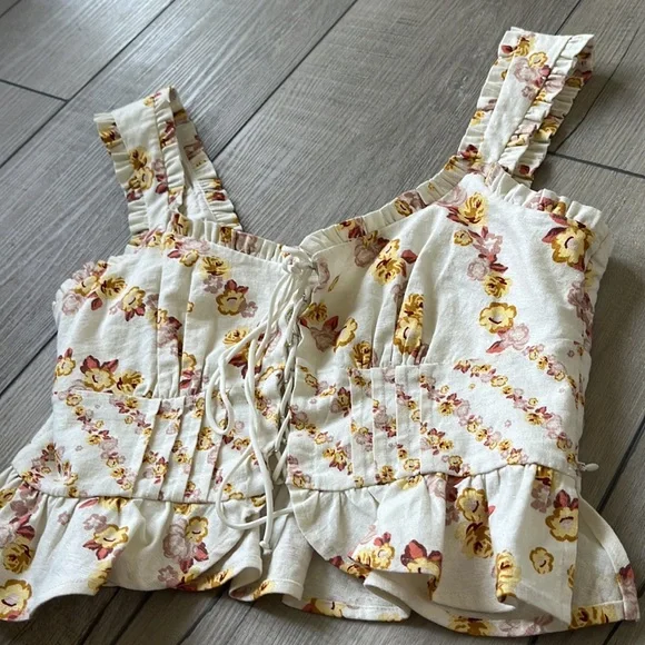 For Love And Lemons Floral Lace-Up Top - Cream and Pink - Picture 5 of 6